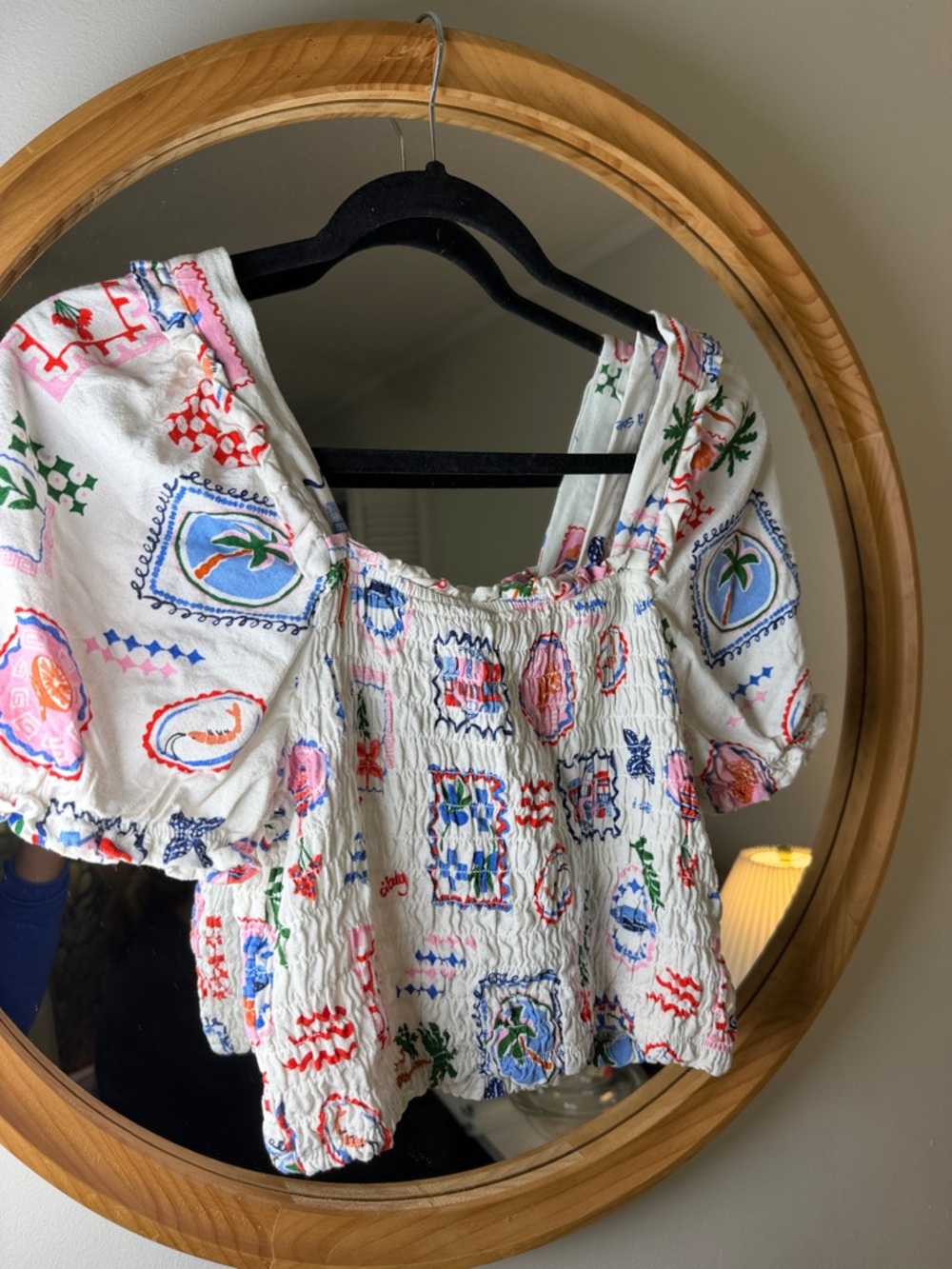 White Smocked Crop Top with Multicolor Motif